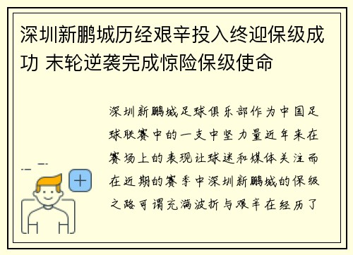 深圳新鹏城历经艰辛投入终迎保级成功 末轮逆袭完成惊险保级使命 深圳新鹏城历经艰辛投入终迎保级成功 末轮逆袭完成惊险保级使命