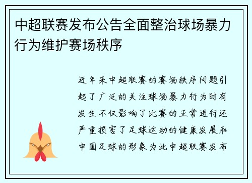 中超联赛发布公告全面整治球场暴力行为维护赛场秩序 中超联赛发布公告全面整治球场暴力行为维护赛场秩序